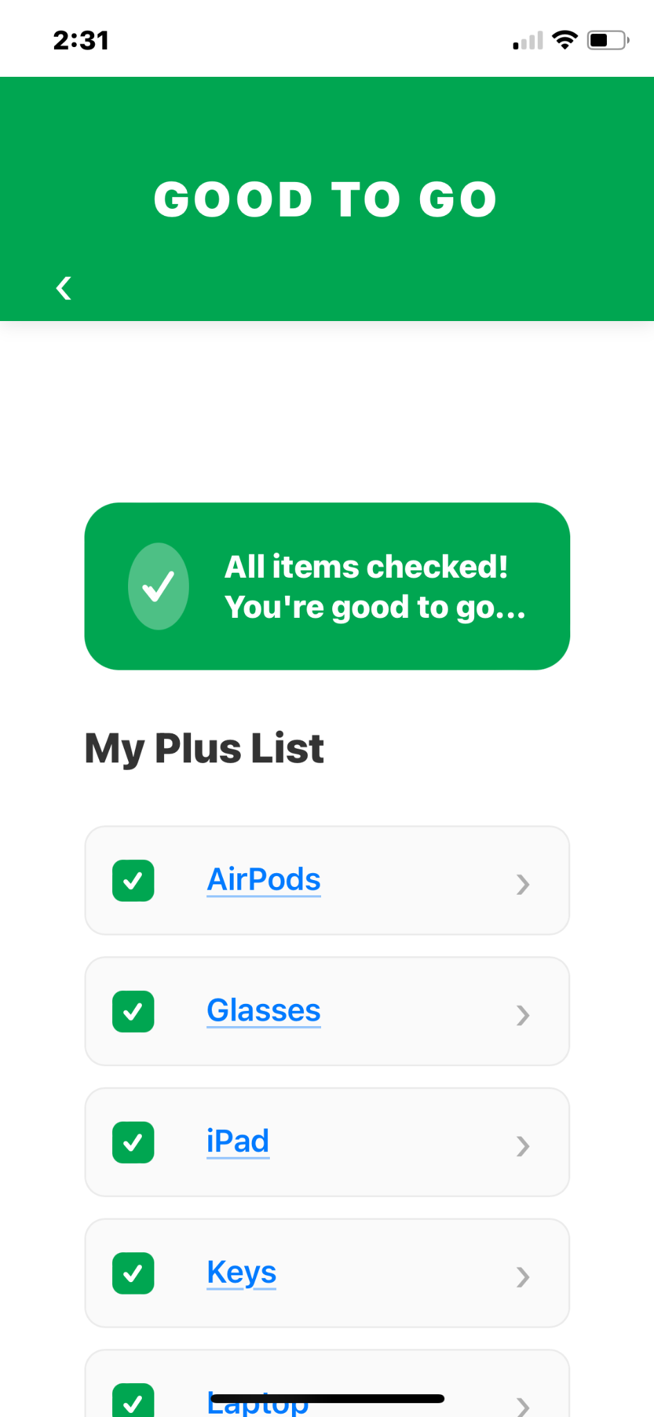 Good To Go confirmation